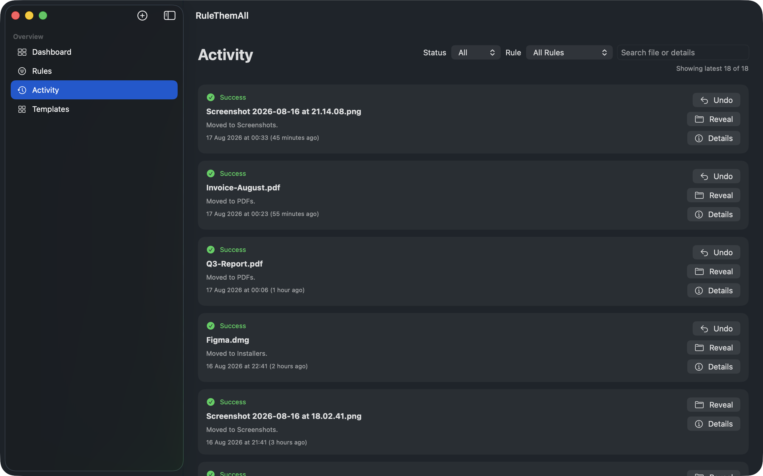 Activity log in RuleThemAll, with undo and reveal for every move.