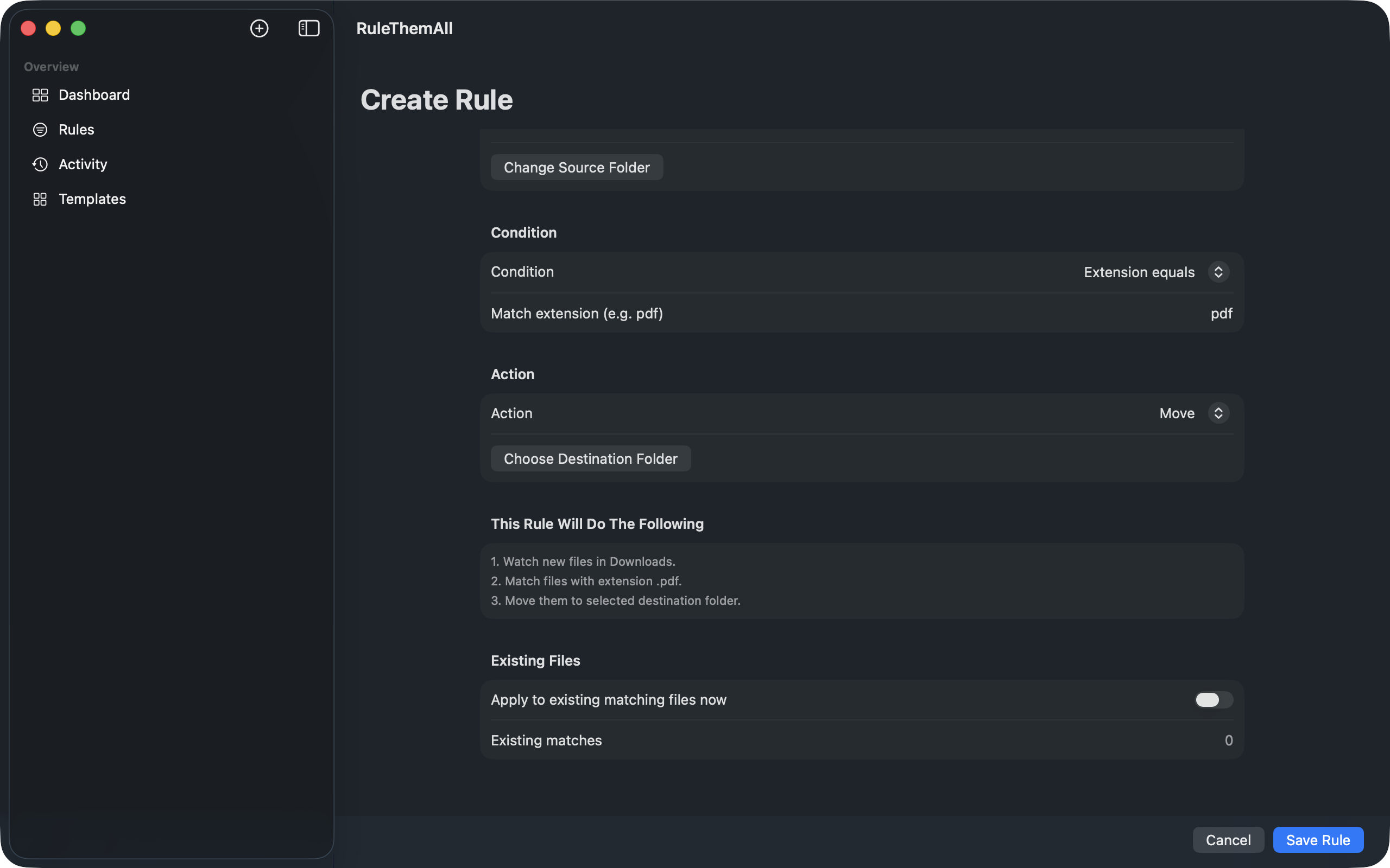 Create Rule in RuleThemAll: watch Downloads, match PDF files, and move them to a destination folder.